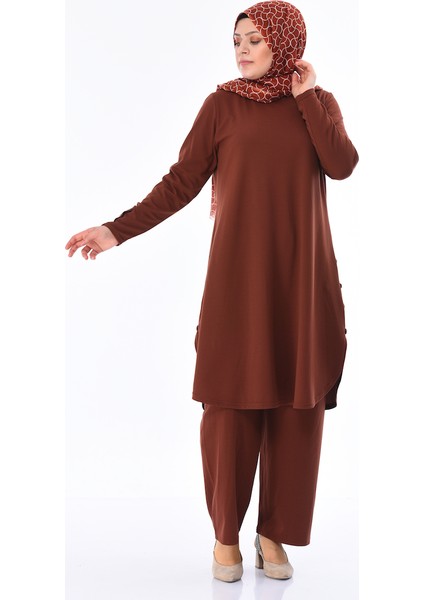 Büyük Beden Düğme Detaylı Tunik Pantolon Ikili Takım 2655-03 Taba fiyatları