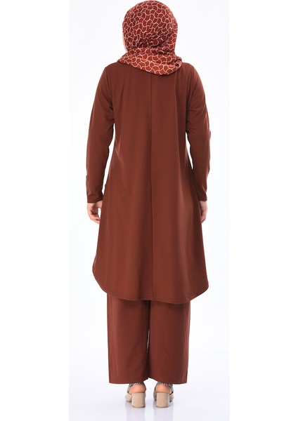 Büyük Beden Düğme Detaylı Tunik Pantolon Ikili Takım 2655-03 Taba modelleri