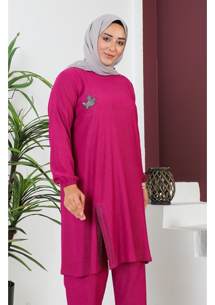Büyük Beden Bürümcük Tunik Pantolon Ikili Takım 2608-06 Fuşya fırsatları