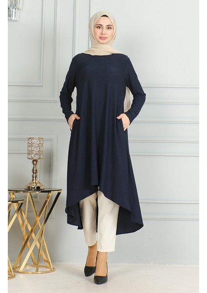 Bürümcük Kumaş Asimetrik Kesim Tunik 1032-01 Lacivert