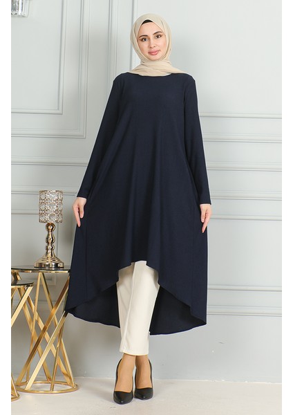 Bürümcük Kumaş Asimetrik Kesim Tunik 1032-01 Lacivert modelleri