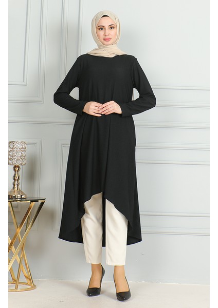 Bürümcük Kumaş Asimetrik Kesim Tunik 1032-04 Siyah