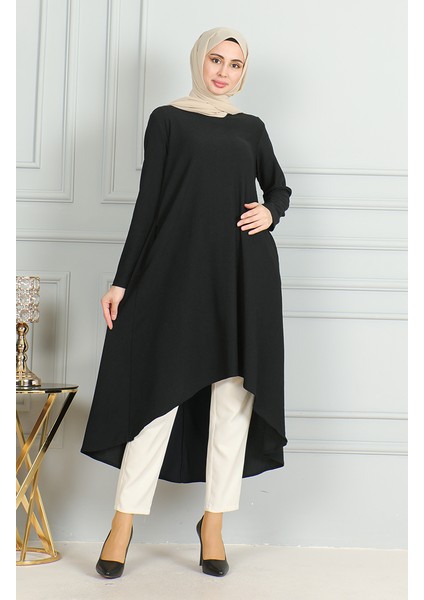 Bürümcük Kumaş Asimetrik Kesim Tunik 1032-04 Siyah modelleri