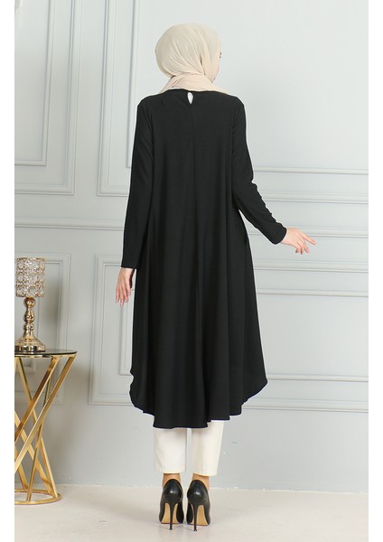 Bürümcük Kumaş Asimetrik Kesim Tunik 1032-04 Siyah indirimleri