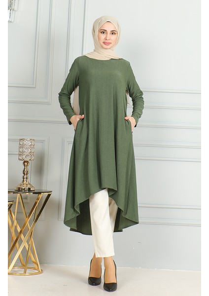 Bürümcük Kumaş Asimetrik Kesim Tunik 1032-05 Haki