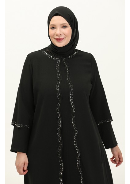 Büyük Beden Taş Baskılı Abiye Elbise 6078-08 Siyah
