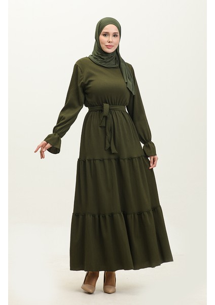Kolları Volanlı Kuşaklı Elbise 0304-01 Haki