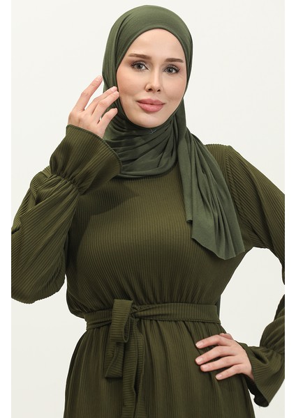 Kolları Volanlı Kuşaklı Elbise 0304-01 Haki