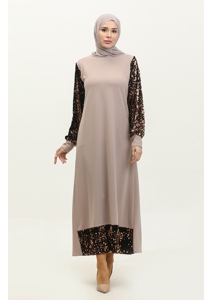 Payetli Abiye Elbise 0305-06 Bej