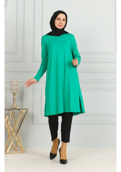 Yırtmaçlı Uzun Tunik 9141-03 Yeşil