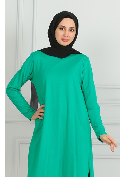Yırtmaçlı Uzun Tunik 9141-03 Yeşil