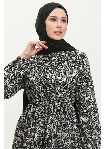 Renkli Viskon Elbise 0376-03 Siyah