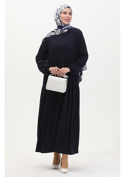 Bürümcük Kumaş Büzgülü Elbise 1048-02 Lacivert