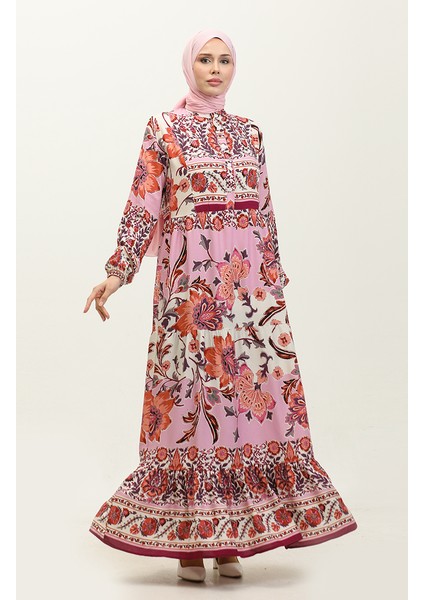 Alaçatı Desenli Viskon Elbise 0334-02 Bej Gül Kurusu