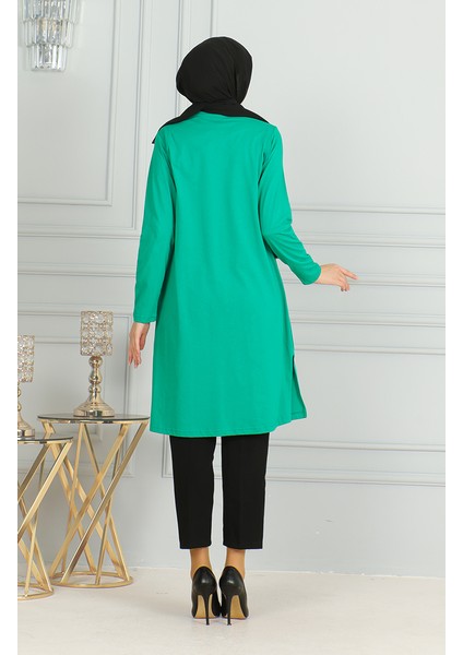 Yırtmaçlı Uzun Tunik 9141-03 Yeşil