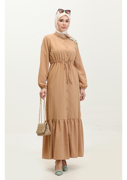 Boydan Düğmeli Etek Ucu Büzgülü Elbise 0351-03 Sütlü Kahve