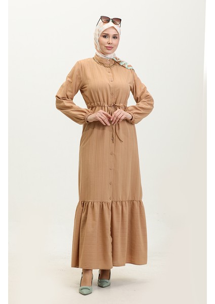 Boydan Düğmeli Etek Ucu Büzgülü Elbise 0351-03 Sütlü Kahve fiyatları