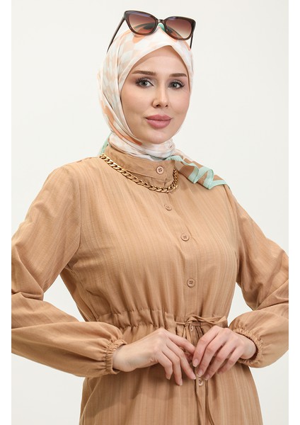 Boydan Düğmeli Etek Ucu Büzgülü Elbise 0351-03 Sütlü Kahve modelleri