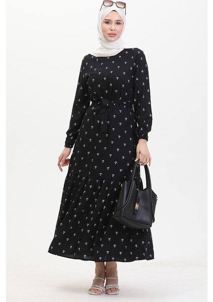 Çapa Desen Kuşaklı Elbise 0461-03 Siyah