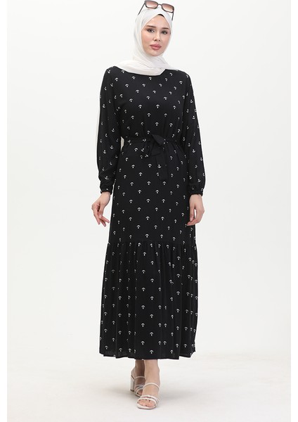 Çapa Desen Kuşaklı Elbise 0461-03 Siyah