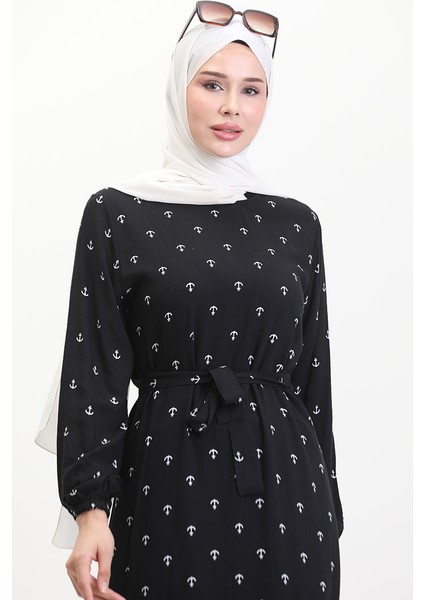 Çapa Desen Kuşaklı Elbise 0461-03 Siyah