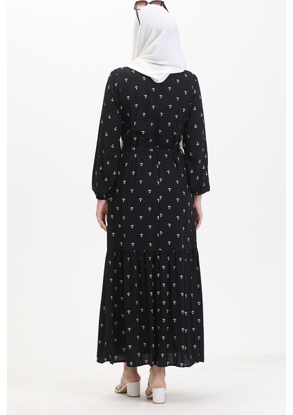 Çapa Desen Kuşaklı Elbise 0461-03 Siyah