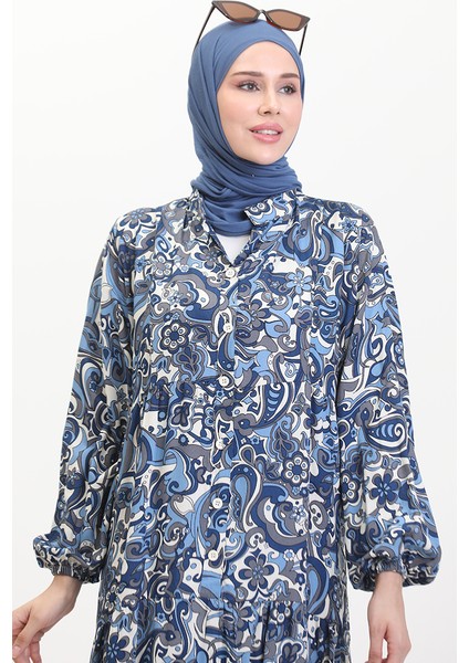 Desenli Viskon Elbise 0472-01 Lacivert