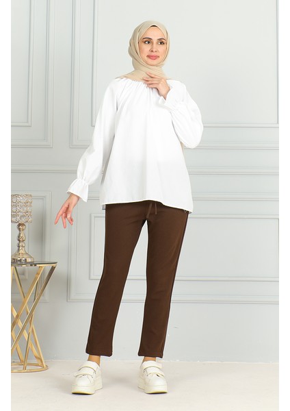Beli Lastikli Pantolon 0498-02 Kahverengi