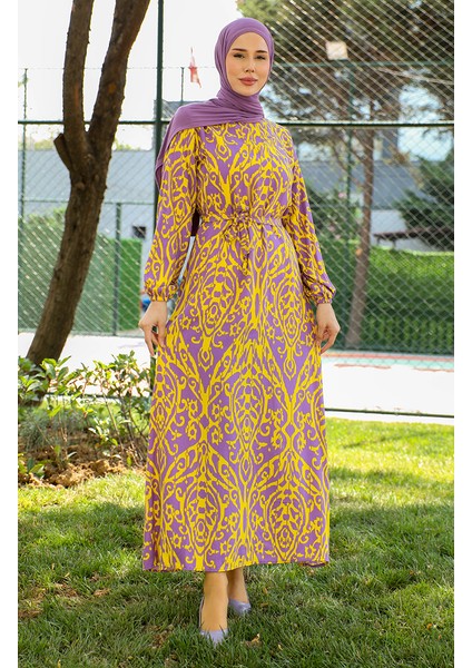 Desenli Kuşaklı Viskon Elbise 0439-02 Sarı modelleri