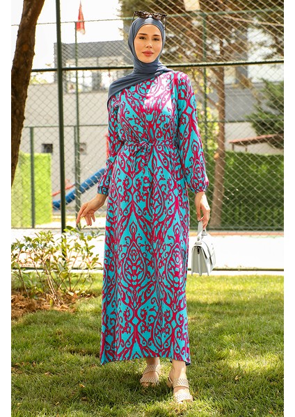 Desenli Kuşaklı Viskon Elbise 0439-03 Petrol