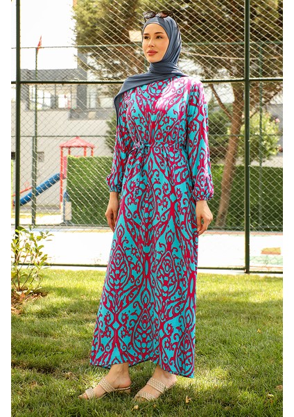 Desenli Kuşaklı Viskon Elbise 0439-03 Petrol modelleri