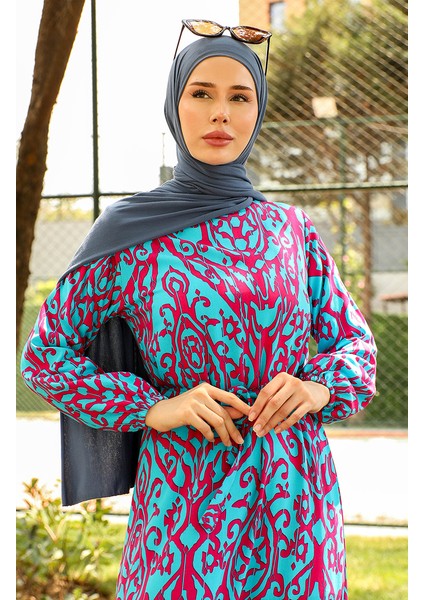 Desenli Kuşaklı Viskon Elbise 0439-03 Petrol fırsatları