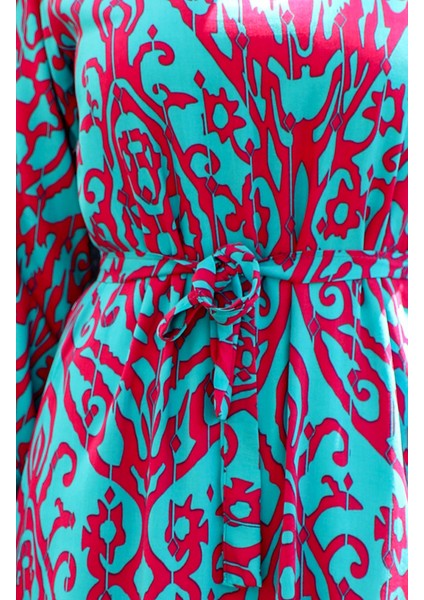 Desenli Kuşaklı Viskon Elbise 0439-03 Petrol indirimleri