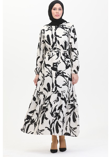 Desenli Kuşaklı Elbise 0444-05 Ekru Siyah