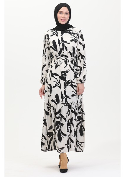 Desenli Kuşaklı Elbise 0444-05 Ekru Siyah fiyatları