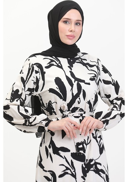 Desenli Kuşaklı Elbise 0444-05 Ekru Siyah modelleri
