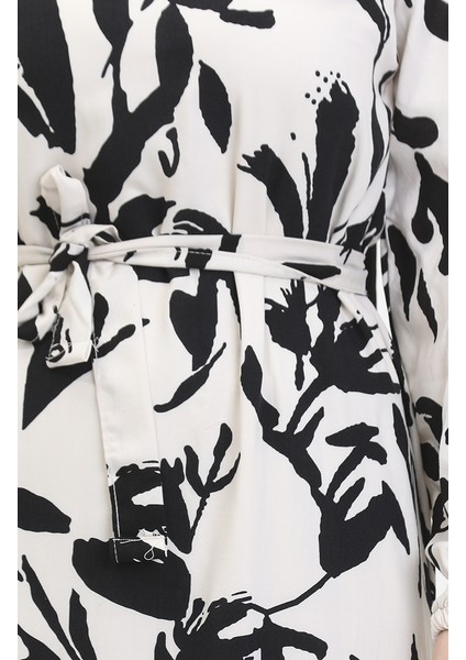 Desenli Kuşaklı Elbise 0444-05 Ekru Siyah fırsatları