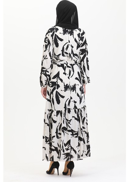 Desenli Kuşaklı Elbise 0444-05 Ekru Siyah indirimleri