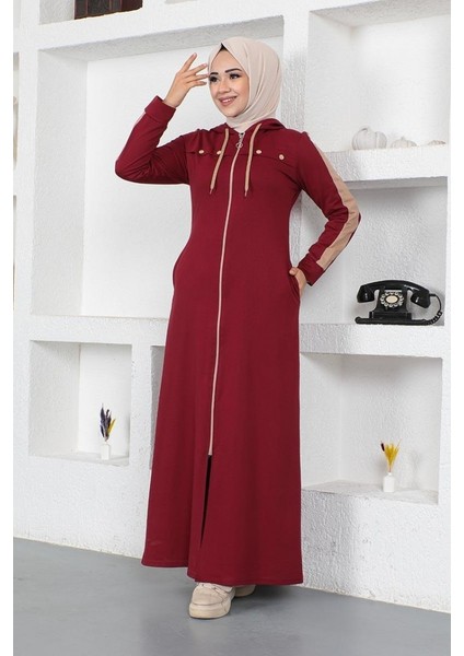 Kuş Gözü Şerit Detay Spor Ferace 2043-04 Bordo