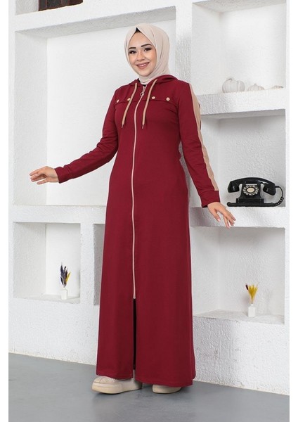 Kuş Gözü Şerit Detay Spor Ferace 2043-04 Bordo