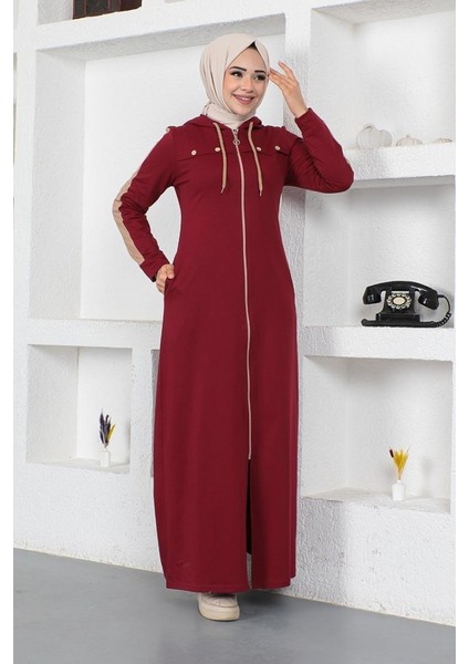 Kuş Gözü Şerit Detay Spor Ferace 2043-04 Bordo
