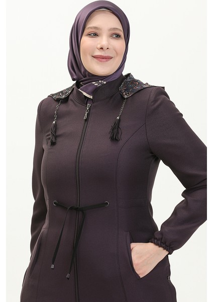 Büyük Beden Kapüşonlu Pardesü 0471-05 Mürdüm