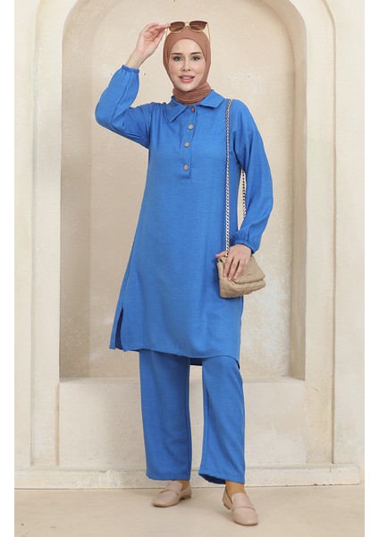 Gömlek Yaka Tunik Pantolon Ikili Takım 1003-01 Mavi
