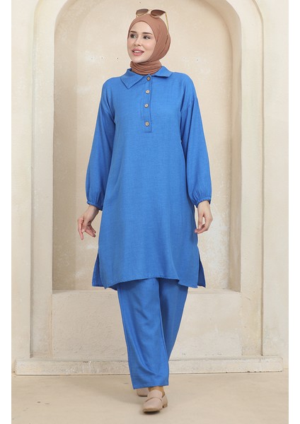 Gömlek Yaka Tunik Pantolon Ikili Takım 1003-01 Mavi