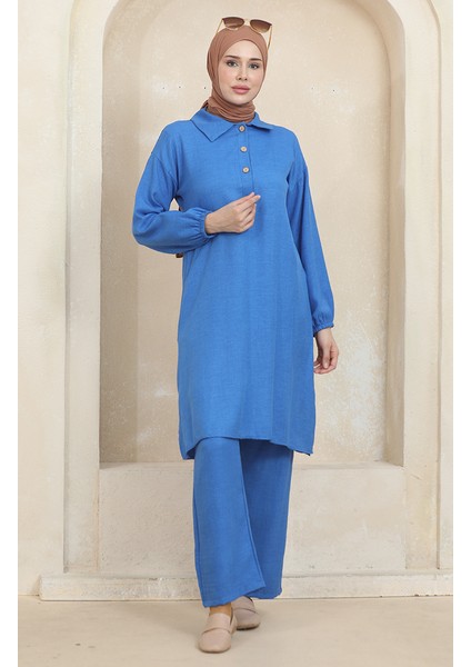 Gömlek Yaka Tunik Pantolon Ikili Takım 1003-01 Mavi