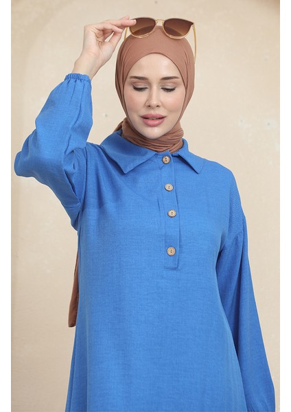 Gömlek Yaka Tunik Pantolon Ikili Takım 1003-01 Mavi