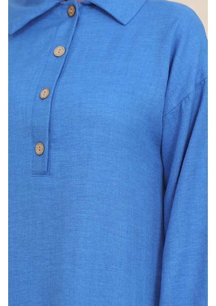 Gömlek Yaka Tunik Pantolon Ikili Takım 1003-01 Mavi