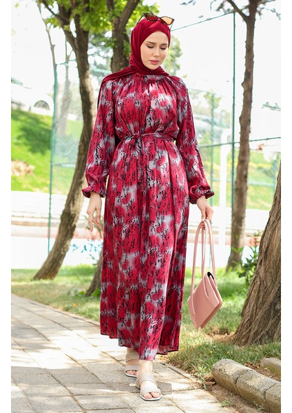Kuşaklı Desenli Elbise 0454-01 Bordo