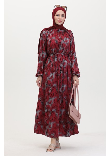 Kuşaklı Desenli Elbise 0454-01 Bordo