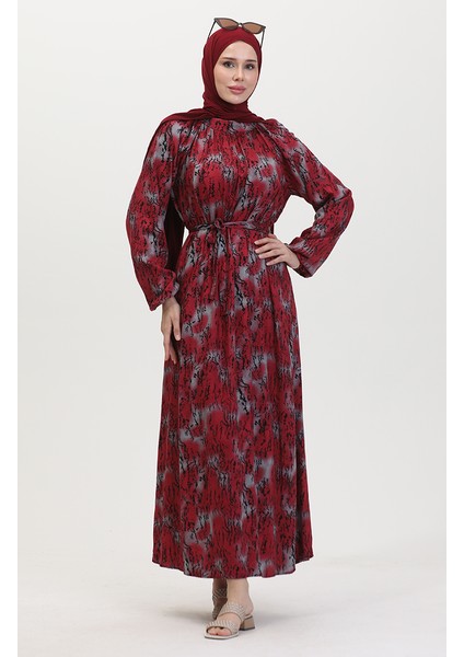 Kuşaklı Desenli Elbise 0454-01 Bordo